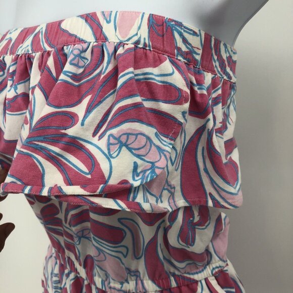 Womens Sporty Beach Strapless Pink Lobster Ruffled Cover Up Pockets Dress Sz L - Picture 8 of 14